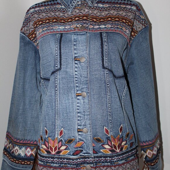 NWT Driftwood Denim Aztec Fringe Trim Jean Jacket Western Embroidered Rowan - Picture 5 of 10